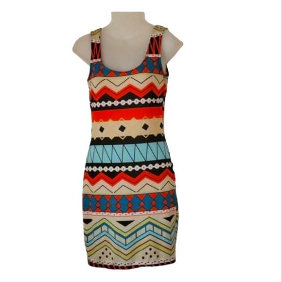 Colorful Aztec Pattern Sleeveless Dress Orange Tourquoise Black Blue Yellow Red - Picture 1 of 3